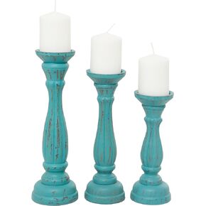 Deco 79 Wood Distressed Candle Holder, Set of 3 15", 13", 11"H, Blue