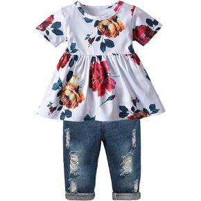 Derouetkia Girls Clothes Outfits Toddler Infant Baby Girl Floral Ruffle Tops Ripped Jeans Pants Sets