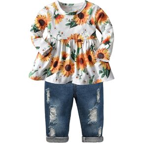 Derouetkia Girls Clothes Outfits Toddler Infant Baby Girl Floral Ruffle Tops Ripped Jeans Pants Sets