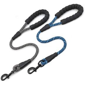 2 FT Short Dog Leash- 2 Pack Traffic Leash Strong Nylon Comfortable Padded Handle- Training Short Lead for Small Medium Large Dogs (Black+Blue)