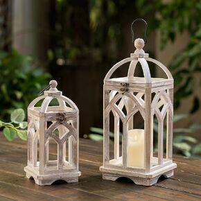 Wooden Decorative Candle Lanterns Set of 2, Indoor Rustic Hanging Candle Holder for Table Centerpiece Fireplace Mantle Shelf, 12" & 16" Farmhouse Home Decor for LED & Real Candle, Brown in Kuwait