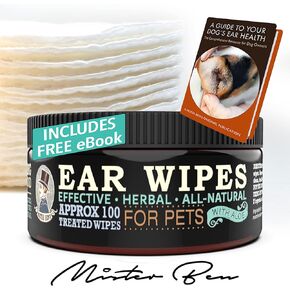 مستر بينز مناديل مبللة اصلية لتنظيف الاذن مقاس XXL للكلاب والقطط والحيوانات الاليفة الصغيرة - مناديل مبللة اكثر فعالية لتهدئة وتنظيف الروائح والحكة والتهيجات - حوالي 100 وسادة كبيرة جدا 3 انش in Kuwait