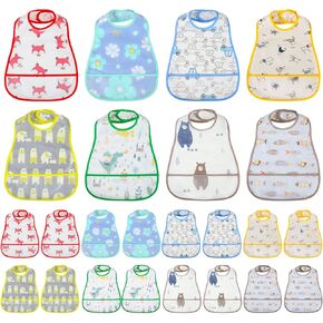 Hoosige 24 Pieces Baby Waterproof Bibs Baby Bibs with Adjustable Snap and Crumb Catcher Pocket Feeding Bibs Apron Pocket Soft Food Bibs for Toddler Boy Infant Girl 6-48 Months, 8 Patterns in Kuwait