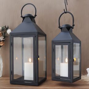 JHY DESIGN Set of 2 Black Decorative Lanterns 17.5inch&13.5inch Metal Candle Lanterns for Indoor Outdoor Events Paritie and Weddings Vintage Style Hanging Lantern