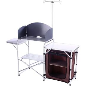 Folding Cooking Table Outdoor Portable Cook Station Aluminum Camping Kitchen with Storage Organizer, Windscreen, Hooks for BBQ, Party (Silver)