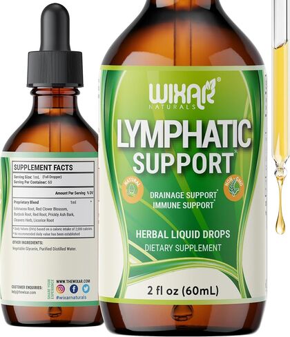 قطرات مكملات التصريف اللمفاوي من ويكسار | سائل عشبي 7 في 1 يدعم النظام الليمفاوي | دعم المناعة مع إشنسا، وجذور عرق السوس، والبرسيم الأحمر، وجذور الأرقطيون، وأعشاب السواطير | 2 أونصة سائلة in Kuwait