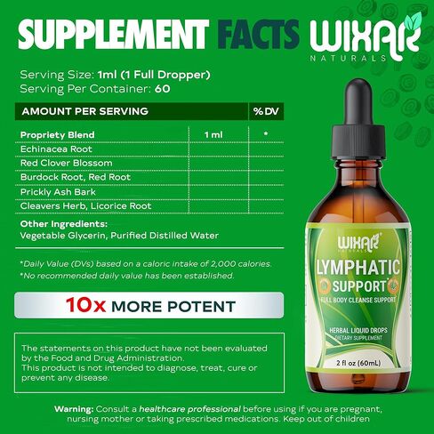 قطرات مكملات التصريف اللمفاوي من ويكسار | سائل عشبي 7 في 1 يدعم النظام الليمفاوي | دعم المناعة مع إشنسا، وجذور عرق السوس، والبرسيم الأحمر، وجذور الأرقطيون، وأعشاب السواطير | 2 أونصة سائلة in Kuwait