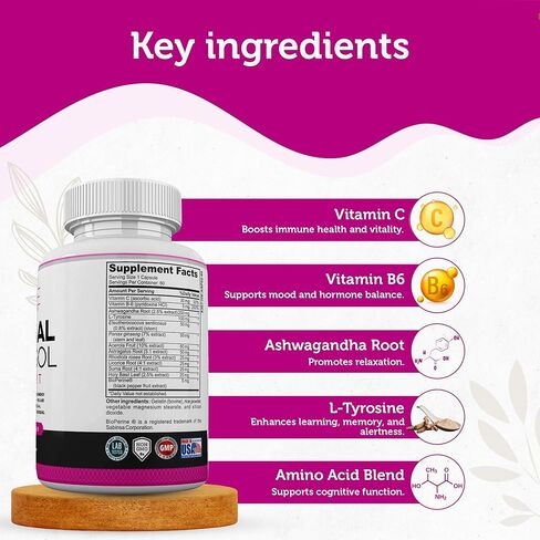 Adrenal Support - Cortisol Manager - Advance Stress Relief Formula with Complex of Vitamin C, B6 Ashwagandha Root & L-TYROSINE Fatigue Supplement Specially Designed for Women by Ladyme - 60 Capsules in Kuwait