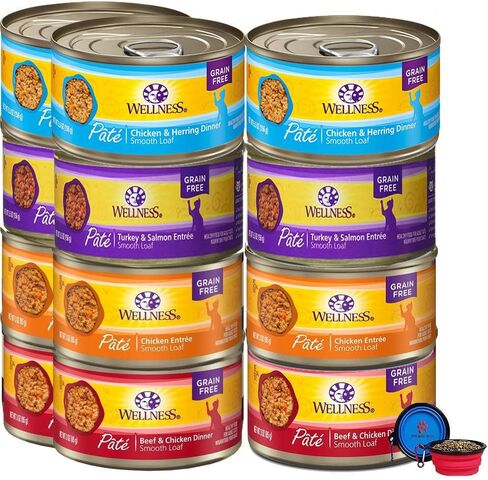 Wellness Natural Premium Canned Cat Wet Food Pate - 12 Pack Cans Variety Bundle Pack 4 Flavor - (Chicken,Beef, Salmon & Turkey) W/ HS Pet Food Bowl - (3 Ounce) in Saudi Arabia