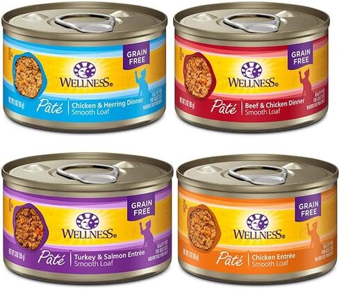 Wellness Natural Premium Canned Cat Wet Food Pate - 12 Pack Cans Variety Bundle Pack 4 Flavor - (Chicken,Beef, Salmon & Turkey) W/ HS Pet Food Bowl - (3 Ounce) in Saudi Arabia