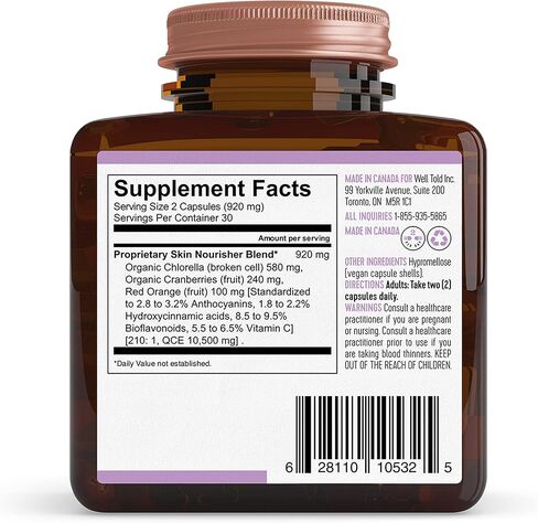 فيتامينات البشرة للنساء - مغذي البشرة الصحي الجيد - الكلوريلا العضوية، التوت البري + برتقال الدم الصقلي للجمال من الداخل - مكمل للبشرة - غير معدّل وراثيًا + نباتي (60 كبسولة) in Kuwait