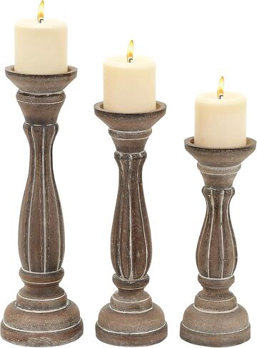 حامل شموع على شكل خشب من ديكو 79، مجموعة من 3 قطع، 15 بوصة، 13 بوصة، 11 بوصة ارتفاع، أبيض in Kuwait