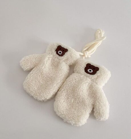 Little Boys Girls Bear Winter Warm Plush Mittens with String Kids Baby Soft Thick Fleece Lined Gloves in Kuwait