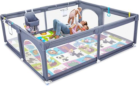 قفص لعب للأطفال مع حصيرة، قفص لعب كبير جدًا للأطفال الرضع والأطفال الصغار، ساحة لعب للأطفال مع كرة محيط، منطقة سياج للأطفال بدون فجوة مع شبكة مسامية، قفص أمان للأطفال (رمادي 199.56 سم × 183.44 سم) in Kuwait
