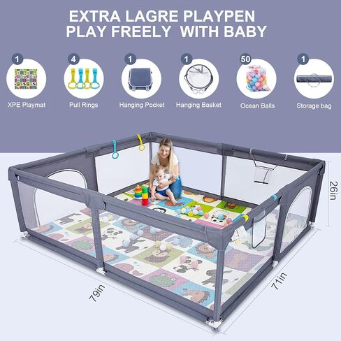 قفص لعب للأطفال مع حصيرة، قفص لعب كبير جدًا للأطفال الرضع والأطفال الصغار، ساحة لعب للأطفال مع كرة محيط، منطقة سياج للأطفال بدون فجوة مع شبكة مسامية، قفص أمان للأطفال (رمادي 199.56 سم × 183.44 سم) in Kuwait