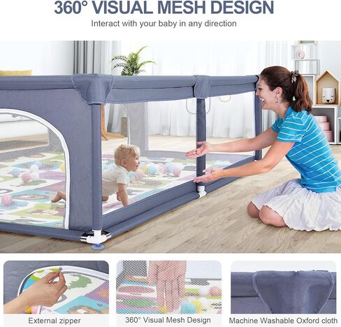 قفص لعب للأطفال مع حصيرة، قفص لعب كبير جدًا للأطفال الرضع والأطفال الصغار، ساحة لعب للأطفال مع كرة محيط، منطقة سياج للأطفال بدون فجوة مع شبكة مسامية، قفص أمان للأطفال (رمادي 199.56 سم × 183.44 سم) in Kuwait