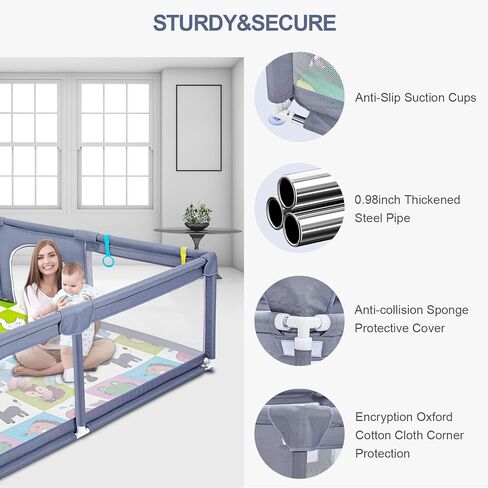 قفص لعب للأطفال مع حصيرة، قفص لعب كبير جدًا للأطفال الرضع والأطفال الصغار، ساحة لعب للأطفال مع كرة محيط، منطقة سياج للأطفال بدون فجوة مع شبكة مسامية، قفص أمان للأطفال (رمادي 199.56 سم × 183.44 سم) in Kuwait