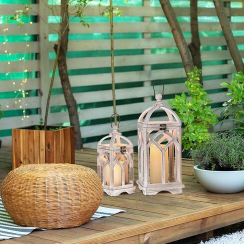 مجموعة فوانيس شموع مزخرفة من Staymoment Farmhouse مكونة من 2، حامل شموع خشبي ريفي داخلي لغطاء الموقد المركزي للطاولة، 30.48 سم و40.64 سم ديكور منزلي معلق لشموع LED والشموع الحقيقية، مطلية باللون الأبيض in Kuwait
