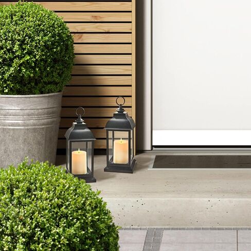 فانوس اسود مع شمعة LED - 12 انش، مقاوم للماء، يعمل بالبطارية، شمعة عمودية واقعية مع لهب ثلاثي الابعاد، مؤقت 6 ساعات، خطاف تعليق، ديكور خارجي in Kuwait