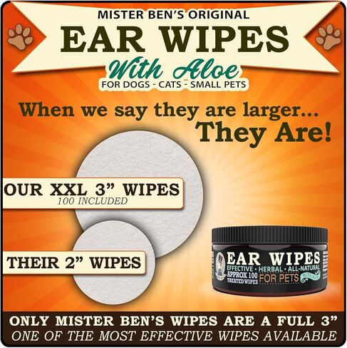 مستر بينز مناديل مبللة اصلية لتنظيف الاذن مقاس XXL للكلاب والقطط والحيوانات الاليفة الصغيرة - مناديل مبللة اكثر فعالية لتهدئة وتنظيف الروائح والحكة والتهيجات - حوالي 100 وسادة كبيرة جدا 3 انش in Kuwait