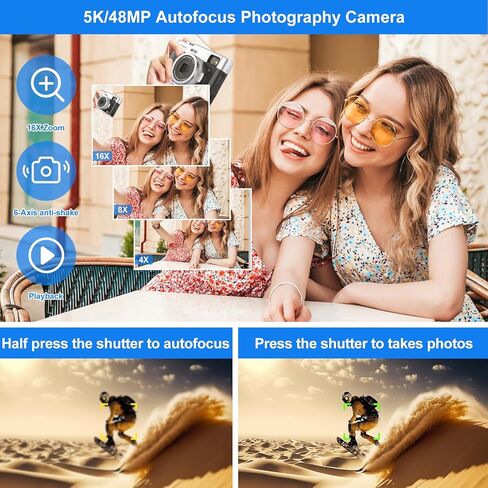 كاميرا رقمية بدقة 5K للتركيز التلقائي للتصوير الفوتوغرافي وكاميرا تسجيل فيديو بدقة 48 ميجابكسل لكاميرات التكبير والتصغير الرقمي على YouTube بمعدل 16X مع بطاقة SD وبطاريتين وعدسة الكاميرا وقرص الوضع in Kuwait