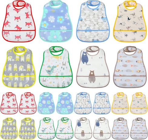 Hoosige 24 Pieces Baby Waterproof Bibs Baby Bibs with Adjustable Snap and Crumb Catcher Pocket Feeding Bibs Apron Pocket Soft Food Bibs for Toddler Boy Infant Girl 6-48 Months, 8 Patterns in Kuwait