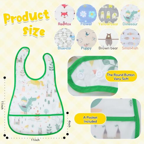 Hoosige 24 Pieces Baby Waterproof Bibs Baby Bibs with Adjustable Snap and Crumb Catcher Pocket Feeding Bibs Apron Pocket Soft Food Bibs for Toddler Boy Infant Girl 6-48 Months, 8 Patterns in Kuwait