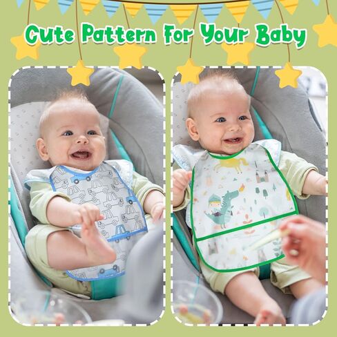 Hoosige 24 Pieces Baby Waterproof Bibs Baby Bibs with Adjustable Snap and Crumb Catcher Pocket Feeding Bibs Apron Pocket Soft Food Bibs for Toddler Boy Infant Girl 6-48 Months, 8 Patterns in Kuwait