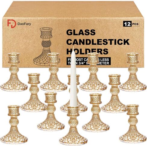 Daofary Taper Candlestick Holder Set of 12, Clear Glass Candle Holders for Candlesticks, Crystal Taper Candle Holders for Table Centerpiece Fit 0.8 Inch Candles (Clear) in Kuwait