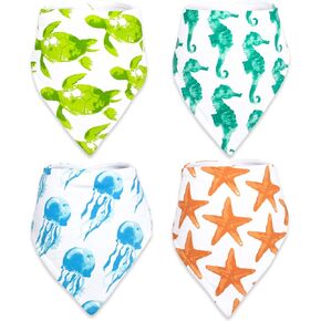 صدرية للأطفال من ستاديلا قابلة للتعديل مع أزرار كبس لسيلان اللعاب ملابس تجشؤ، 4 عبوات من مجموعة هدايا استحمام الأطفال للأولاد والبنات - الشعاب المرجانية والبحر والبحر والشاطئ والسلحفاة الاستوائية in Kuwait