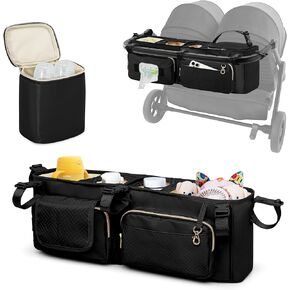 منظم عربة الأطفال المزدوج من بروكفا متوافق مع عربة الأطفال المزدوجة BOB Duallie وBaby Jogger City Mini GT2، منظم عربة الأطفال المزدوج مع حامل أكواب وحقيبة تبريد، أسود (حقيبة فارغة)