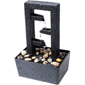 CASLONEE 11 Inch Tall Indoor Relaxation Tabletop Fountain with LED Light and Stone Home/Office Decoration Meditiation Water Resin Foundtain Desktop Waterfall Fountains Rectangle with 3 Slots Black in Kuwait