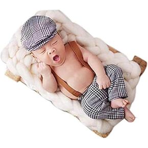 Amxuelm Newborn Photography Props Baby Flat Cap Lattice Rompers Suspender Pants Outfit Costumes Gentleman Suit
