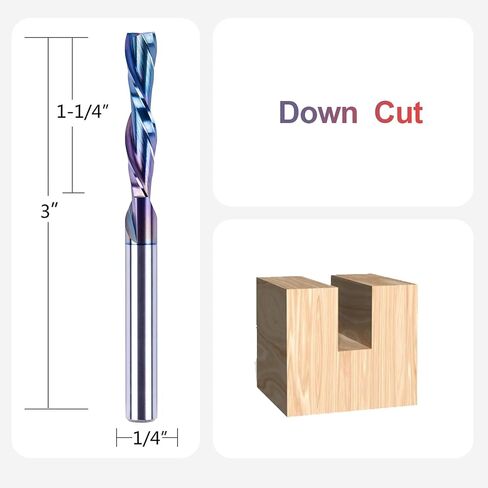 SpeTool Down Cut Spiral Router Bits 1/4 Shank with Coating, 1-1/4 Inch Cutting Length 3 Inch OVL, CNC Bits for Wood Inlay Slot Mortise Cutting Carving Engraving in Saudi Arabia