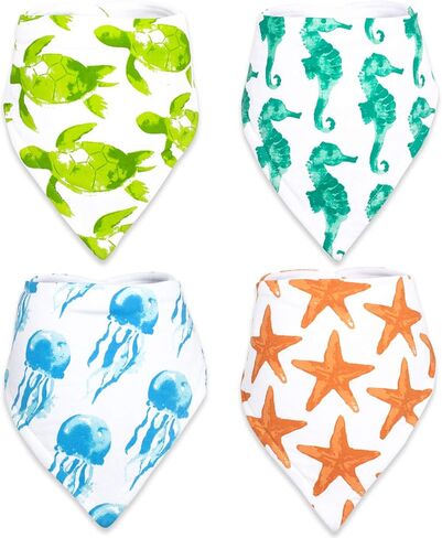 صدرية للأطفال من ستاديلا قابلة للتعديل مع أزرار كبس لسيلان اللعاب ملابس تجشؤ، 4 عبوات من مجموعة هدايا استحمام الأطفال للأولاد والبنات - الشعاب المرجانية والبحر والبحر والشاطئ والسلحفاة الاستوائية in Kuwait