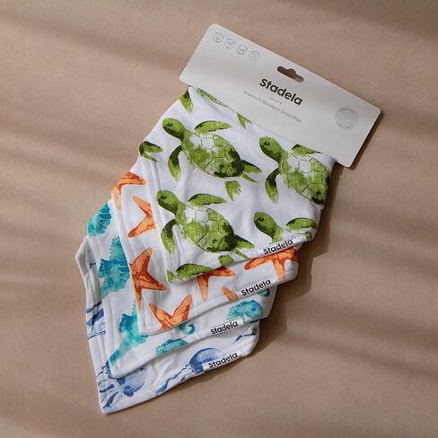 صدرية للأطفال من ستاديلا قابلة للتعديل مع أزرار كبس لسيلان اللعاب ملابس تجشؤ، 4 عبوات من مجموعة هدايا استحمام الأطفال للأولاد والبنات - الشعاب المرجانية والبحر والبحر والشاطئ والسلحفاة الاستوائية in Kuwait