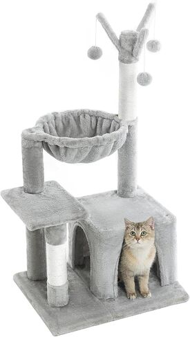 Pesofer Small Cat Tree Cat Tower for Indoor Cats with Dangling Balls and Round Hammock Light Gray in Kuwait