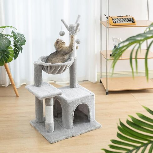 Pesofer Small Cat Tree Cat Tower for Indoor Cats with Dangling Balls and Round Hammock Light Gray in Kuwait