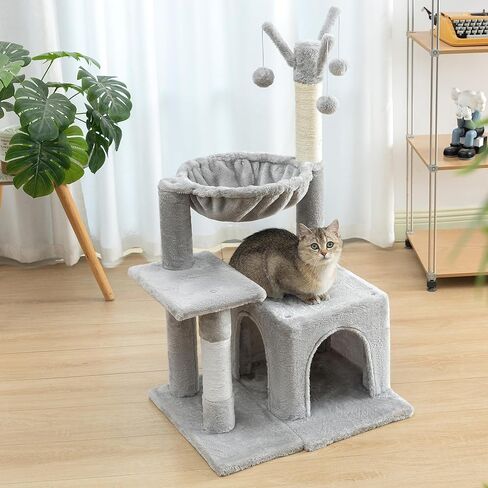Pesofer Small Cat Tree Cat Tower for Indoor Cats with Dangling Balls and Round Hammock Light Gray in Kuwait
