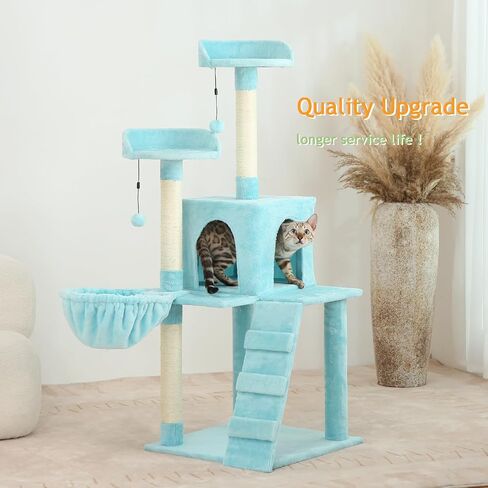 KZLAA 54in Cat Tree Cat Tower أثاث الشقة عمود خدش مع حبل السيزال الطبيعي، أرجوحة ومهد للقطط والقطط، حامل تسلق القطط طويل القامة مع جثم قطيفة وألعاب (بيج) in Saudi Arabia