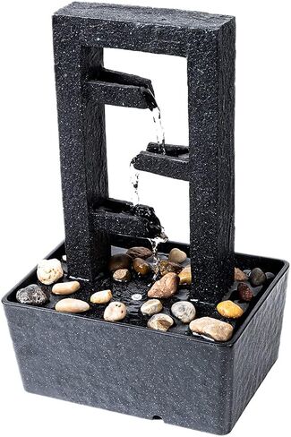 CASLONEE 11 Inch Tall Indoor Relaxation Tabletop Fountain with LED Light and Stone Home/Office Decoration Meditiation Water Resin Foundtain Desktop Waterfall Fountains Rectangle with 3 Slots Black in Kuwait