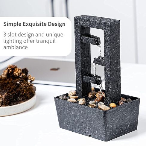 CASLONEE 11 Inch Tall Indoor Relaxation Tabletop Fountain with LED Light and Stone Home/Office Decoration Meditiation Water Resin Foundtain Desktop Waterfall Fountains Rectangle with 3 Slots Black in Kuwait