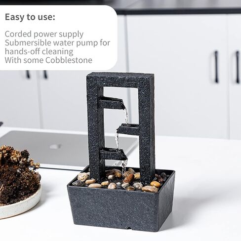 CASLONEE 11 Inch Tall Indoor Relaxation Tabletop Fountain with LED Light and Stone Home/Office Decoration Meditiation Water Resin Foundtain Desktop Waterfall Fountains Rectangle with 3 Slots Black in Kuwait