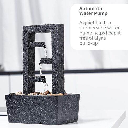 CASLONEE 11 Inch Tall Indoor Relaxation Tabletop Fountain with LED Light and Stone Home/Office Decoration Meditiation Water Resin Foundtain Desktop Waterfall Fountains Rectangle with 3 Slots Black in Kuwait