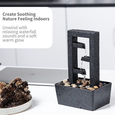 CASLONEE 11 Inch Tall Indoor Relaxation Tabletop Fountain with LED Light and Stone Home/Office Decoration Meditiation Water Resin Foundtain Desktop Waterfall Fountains Rectangle with 3 Slots Black in Kuwait