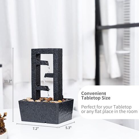 CASLONEE 11 Inch Tall Indoor Relaxation Tabletop Fountain with LED Light and Stone Home/Office Decoration Meditiation Water Resin Foundtain Desktop Waterfall Fountains Rectangle with 3 Slots Black in Kuwait