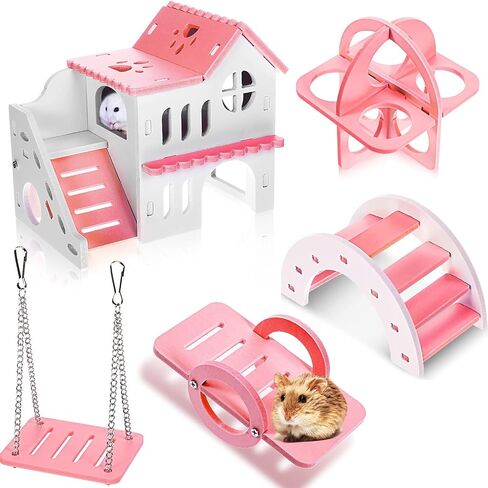 Skylety 5 Pieces Hamster Toys Include Wooden Hamster House Guinea Pig Hideout Rainbow Bridge Hamster Seesaw Hamster Swing Hamster Exercise Circle Cage Toy for Small Animals in Saudi Arabia