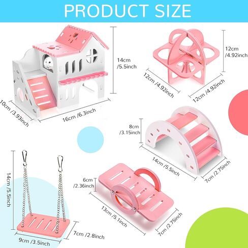 Skylety 5 Pieces Hamster Toys Include Wooden Hamster House Guinea Pig Hideout Rainbow Bridge Hamster Seesaw Hamster Swing Hamster Exercise Circle Cage Toy for Small Animals in Saudi Arabia