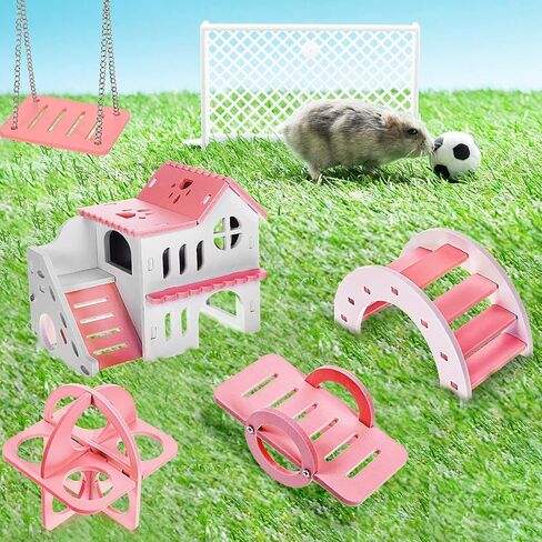 Skylety 5 Pieces Hamster Toys Include Wooden Hamster House Guinea Pig Hideout Rainbow Bridge Hamster Seesaw Hamster Swing Hamster Exercise Circle Cage Toy for Small Animals in Saudi Arabia