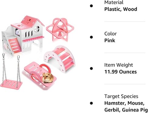 Skylety 5 Pieces Hamster Toys Include Wooden Hamster House Guinea Pig Hideout Rainbow Bridge Hamster Seesaw Hamster Swing Hamster Exercise Circle Cage Toy for Small Animals in Saudi Arabia